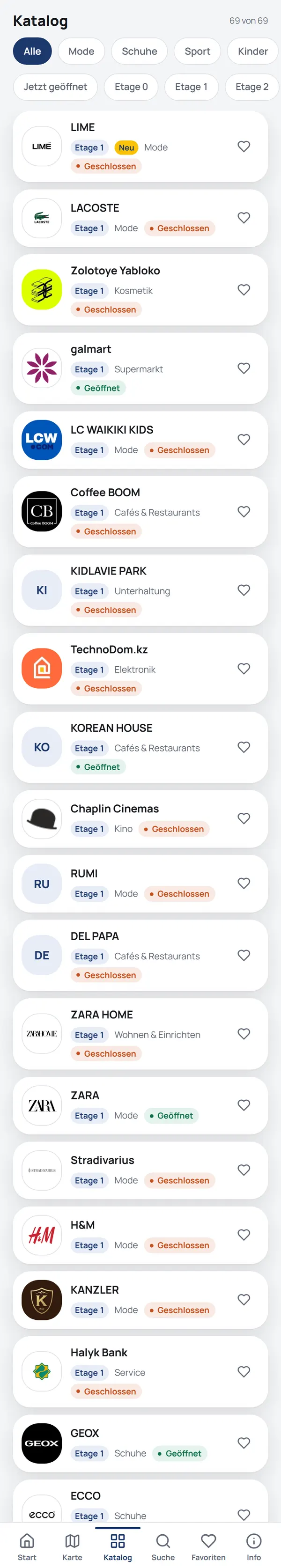 NaviGo-Katalog: Shops mit Logo, Etage, Kategorie und Öffnungsstatus