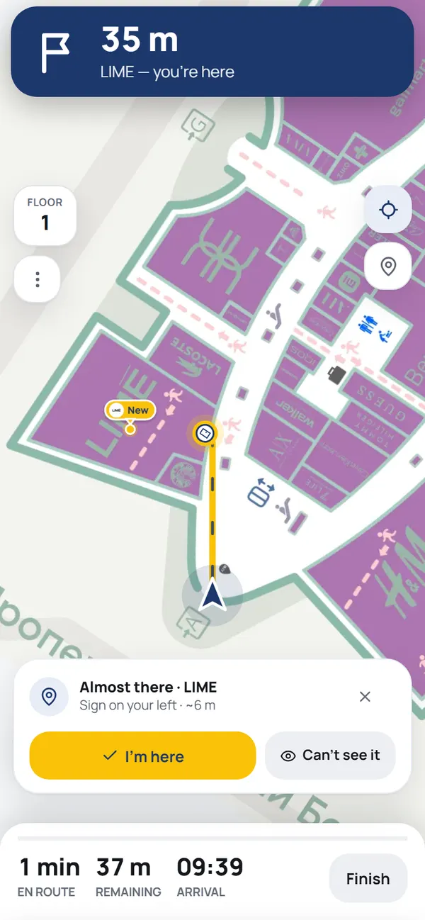 NaviGo navigation screen: the “Keep right” prompt, the path walked so far, travel time and distance to the destination